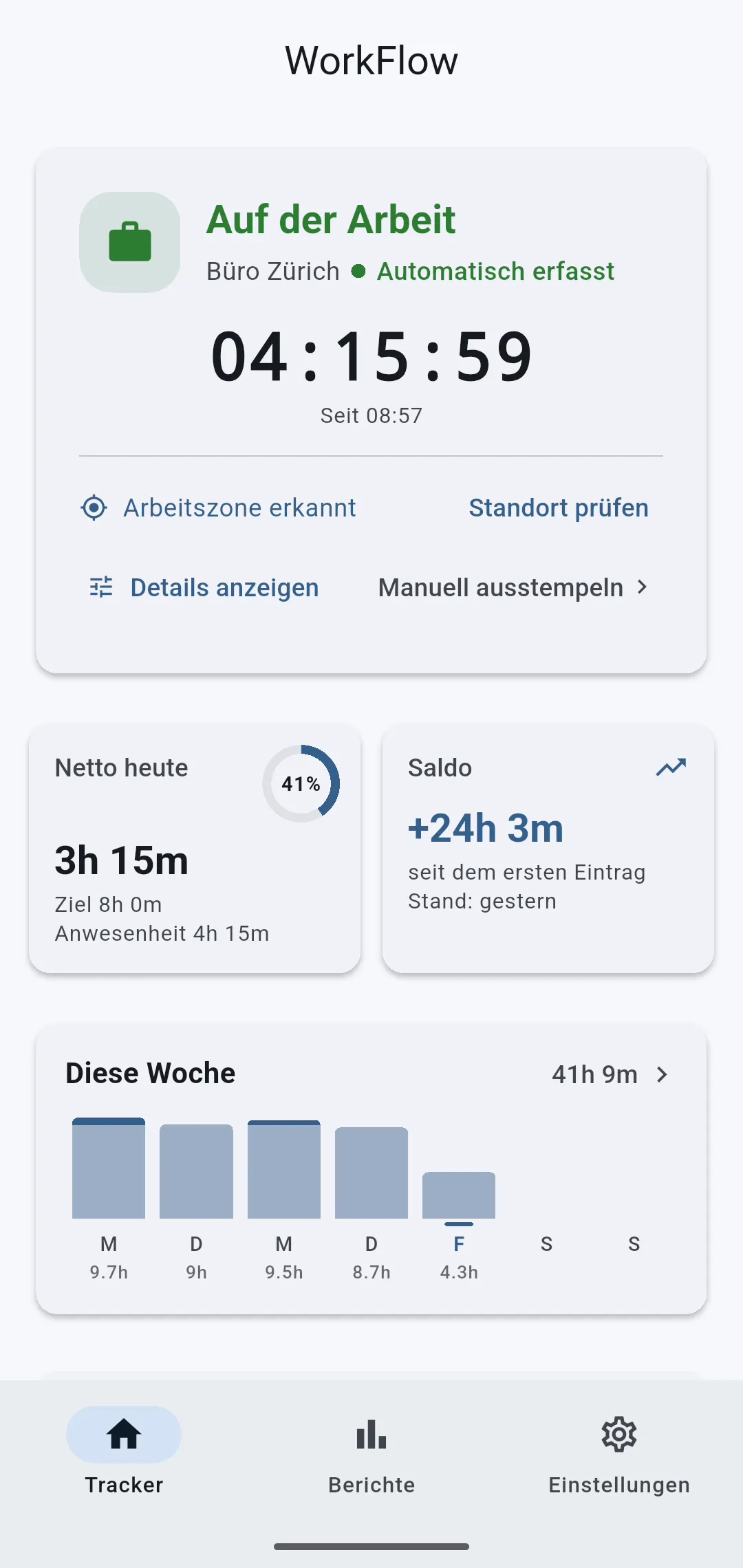 WorkFlow-Dashboard: Auf der Arbeit, Timer läuft seit 08:57, Netto heute und Saldo