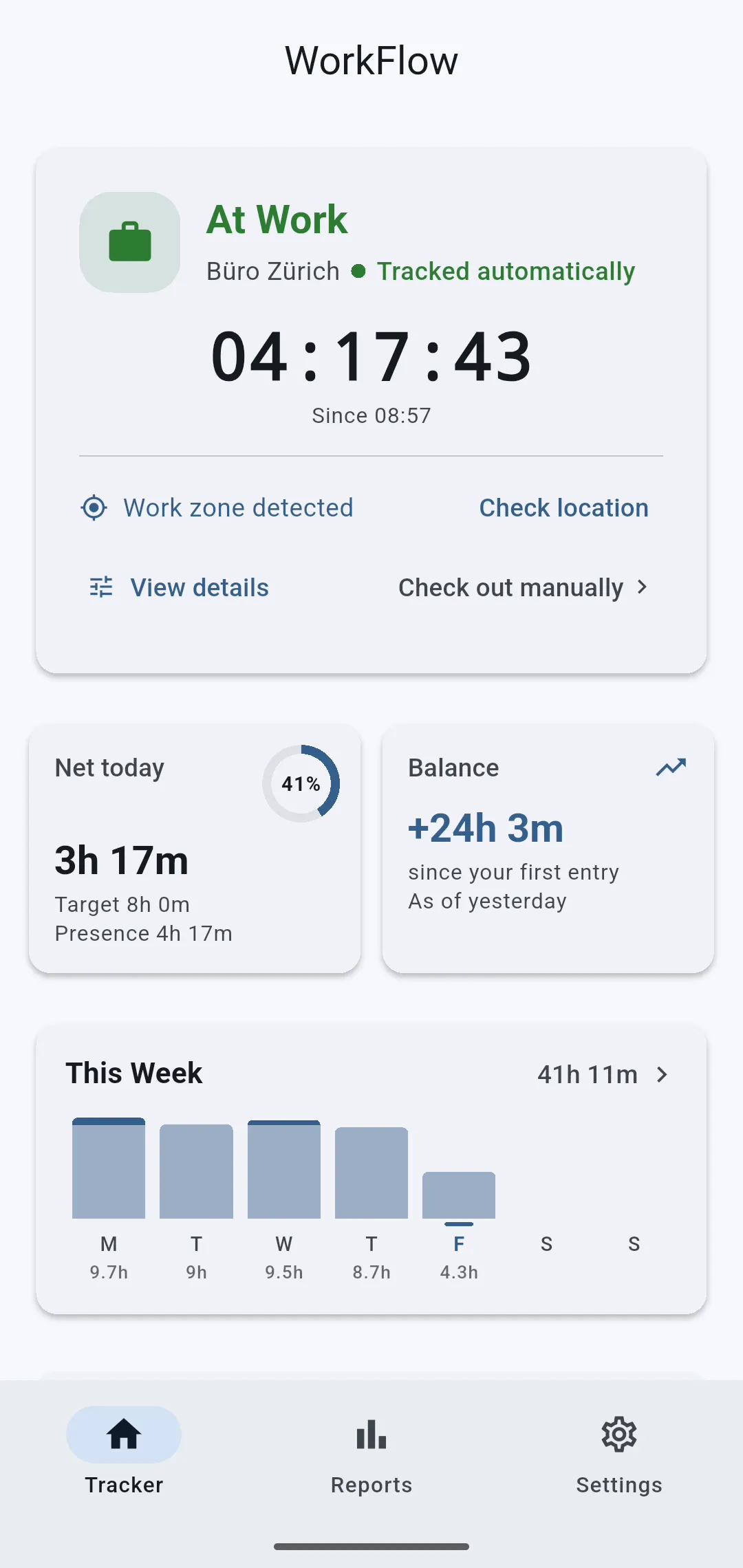 WorkFlow dashboard: at work, timer running since 08:57, net today and balance