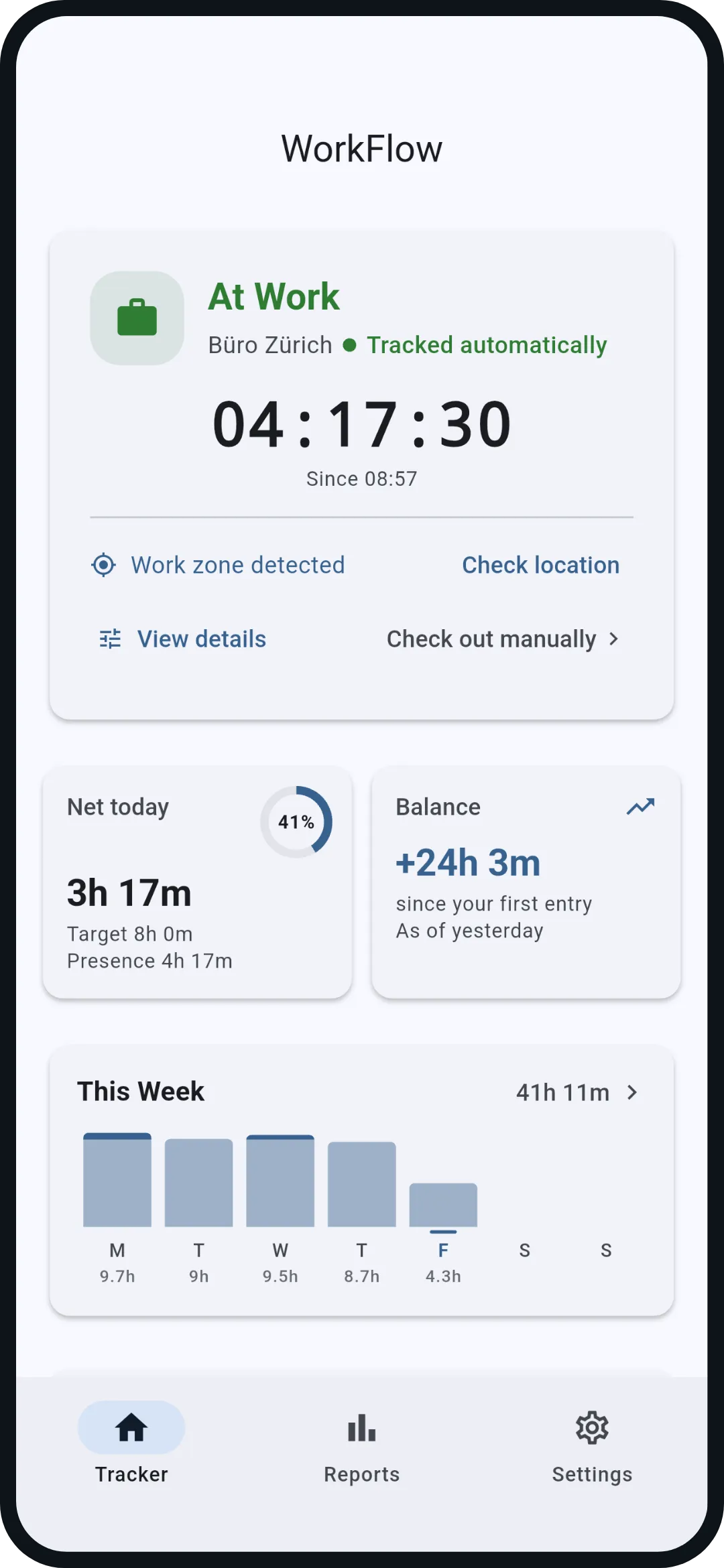 Dashboard: at work, timer running since 08:57