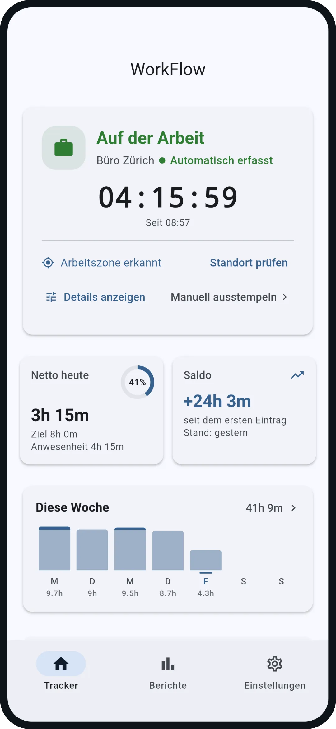 Dashboard: Auf der Arbeit, Timer läuft seit 08:57