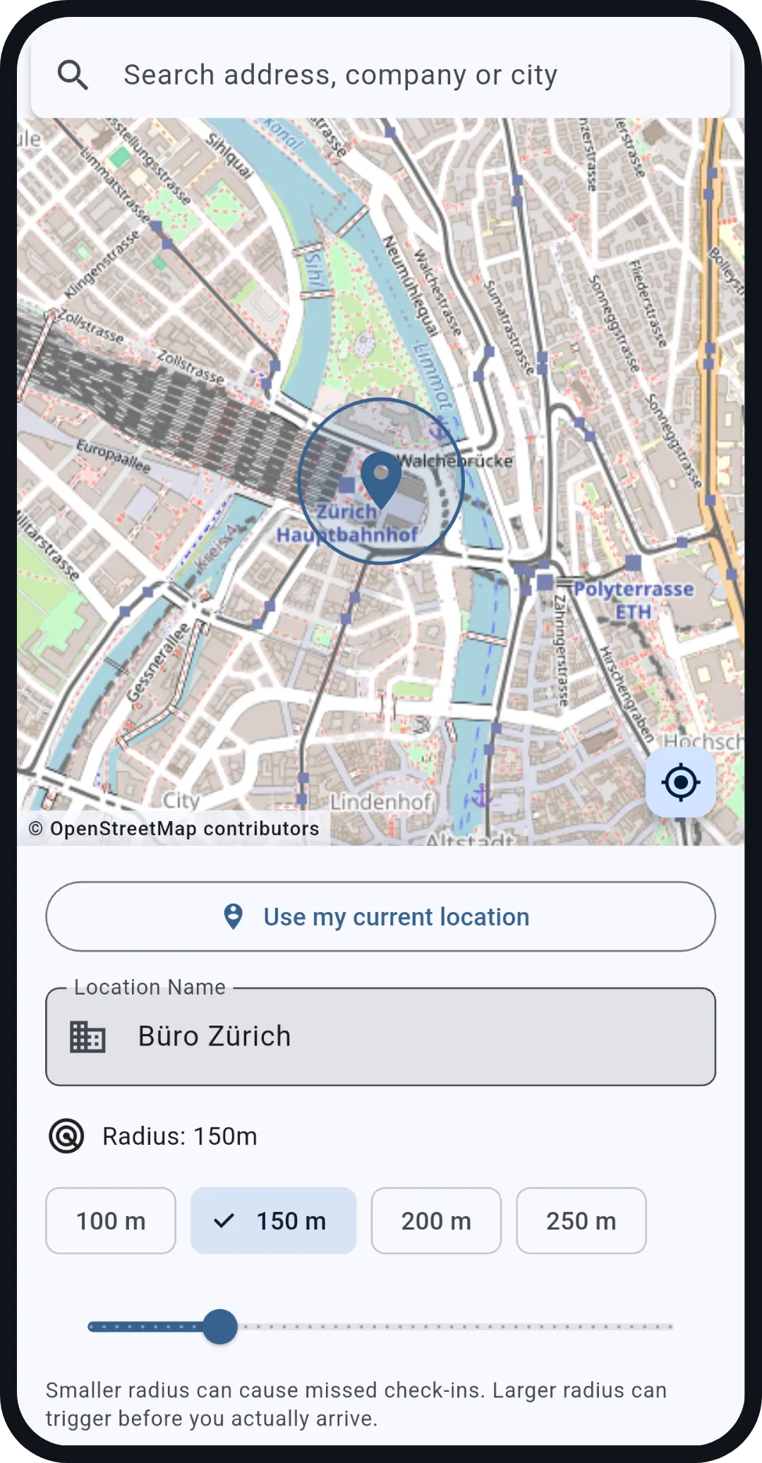 Edit workplace: map with a radius around Zurich main station