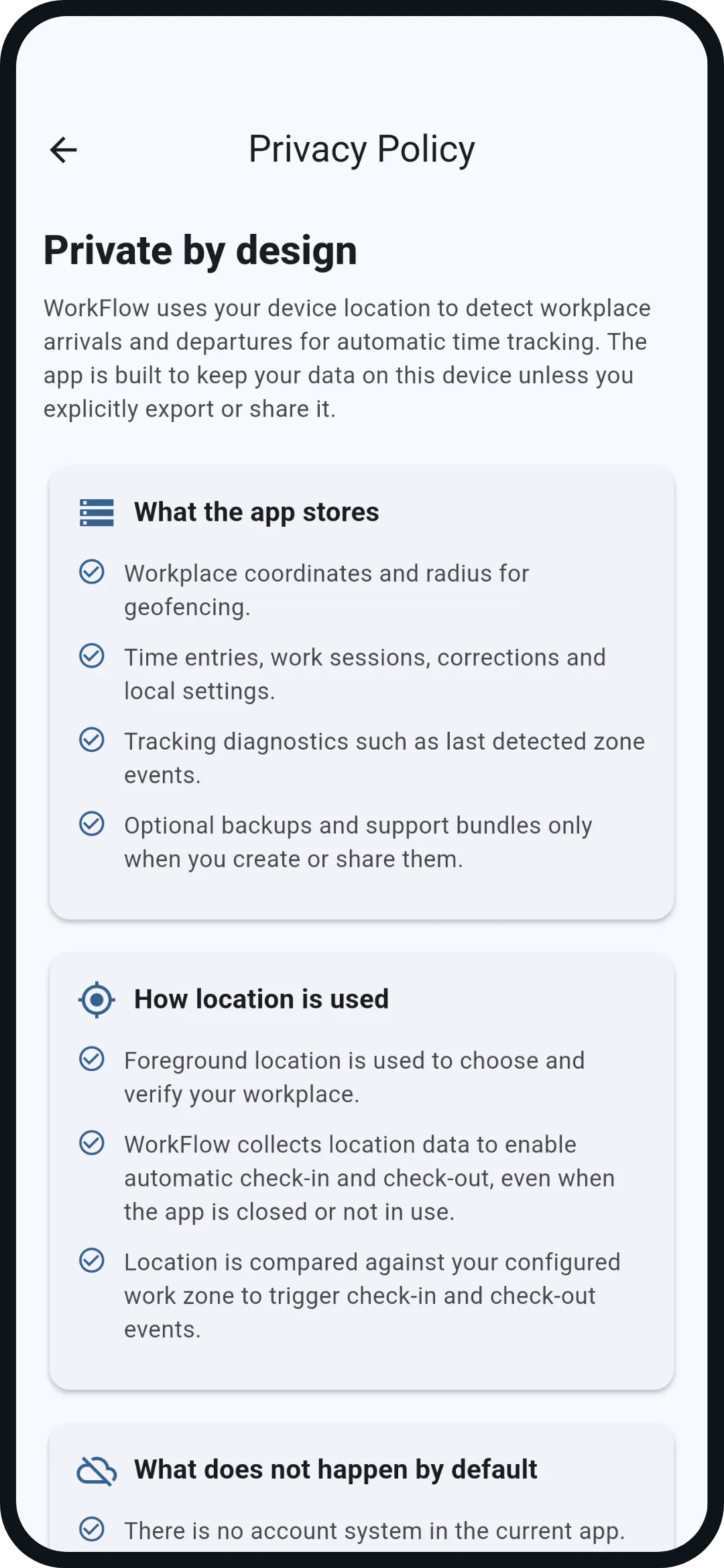 Privacy page inside the app: private by design